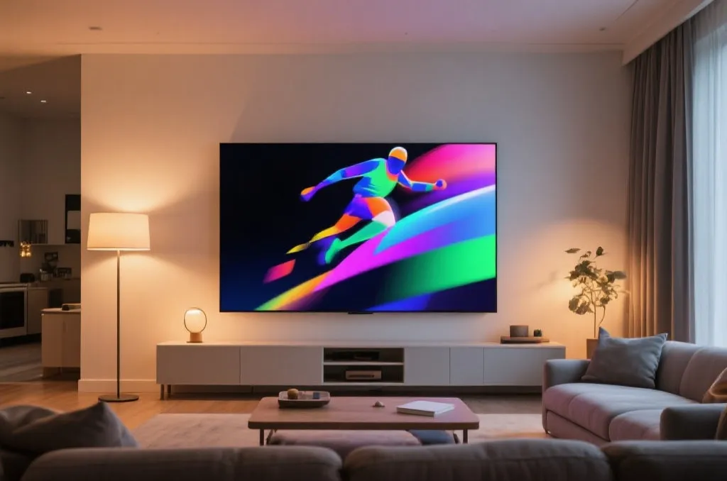 A modern home living room setup with a large clean smart screen displaying abstract colorful sports motion graphics, cozy warm lighting